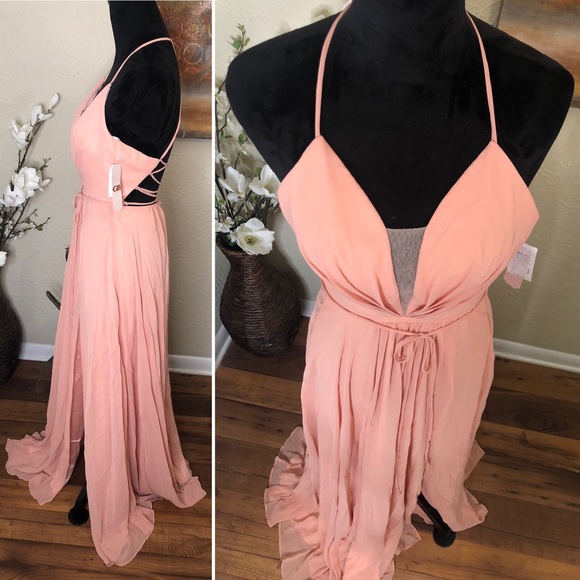Gianni Bini Plunging Neckline Corset Back Prom Bridesmaid Pink Dress w/Side Slit - Picture 7 of 9